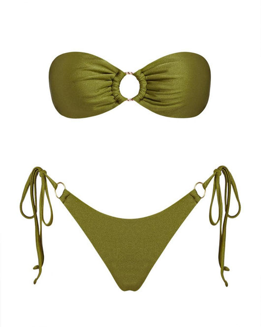 Red glitter bandeau bikini with gold-tone O-rings and side-tie bottoms on a model in a sunny outdoor setting. - Image 37