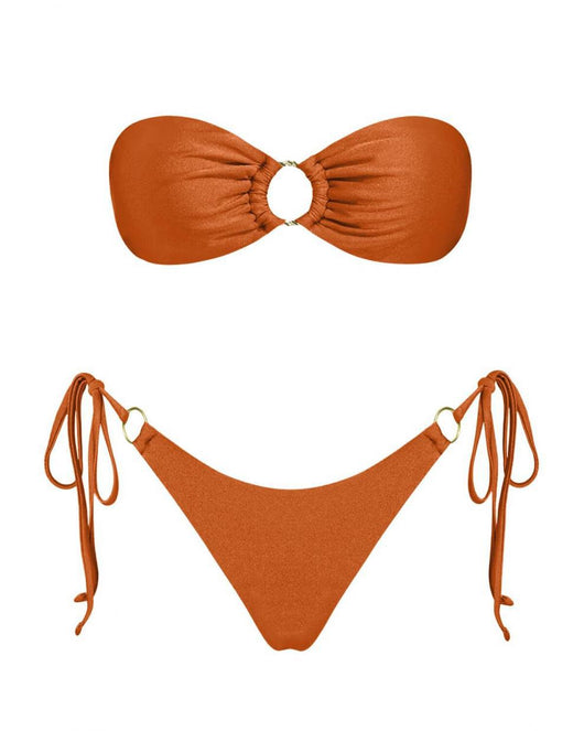 Red glitter bandeau bikini with gold-tone O-rings and side-tie bottoms on a model in a sunny outdoor setting. - Image 29
