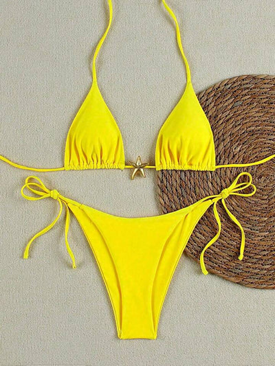 White women's bikini with triangle top and tie-side bottom, featuring a gold starfish charm on the center front. - Image 32