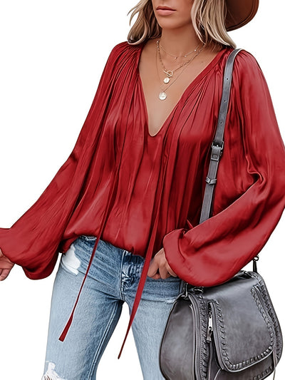 Blusa de Satén con Cuello en V y Mangas Largas para Mujer - Image 26
