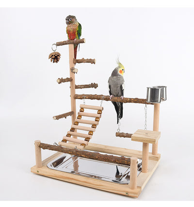 Multi-level natural wood parrot play stand with perches, ladder, swings, and two stainless steel feeding cups. - Image 10