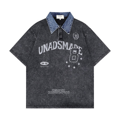 Playera Denim Lavada con Estampado de Letras y Contraste de Colores - Image 10
