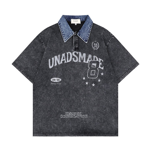 Playera Denim Lavada con Estampado de Letras y Contraste de Colores - Image 10