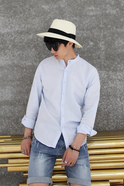 Camisa de Lino Retro con Cuello Mao para Hombre - Image 10