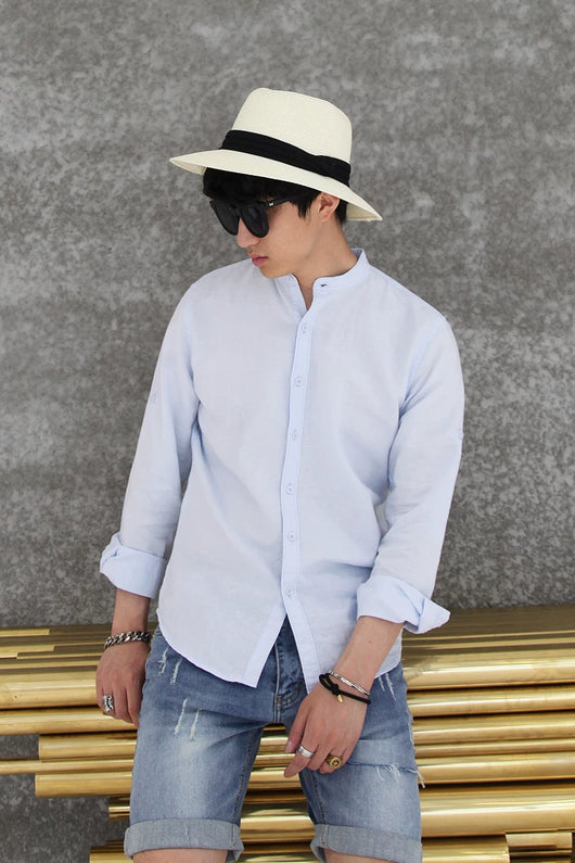 Camisa de Lino Retro con Cuello Mao para Hombre - Image 10