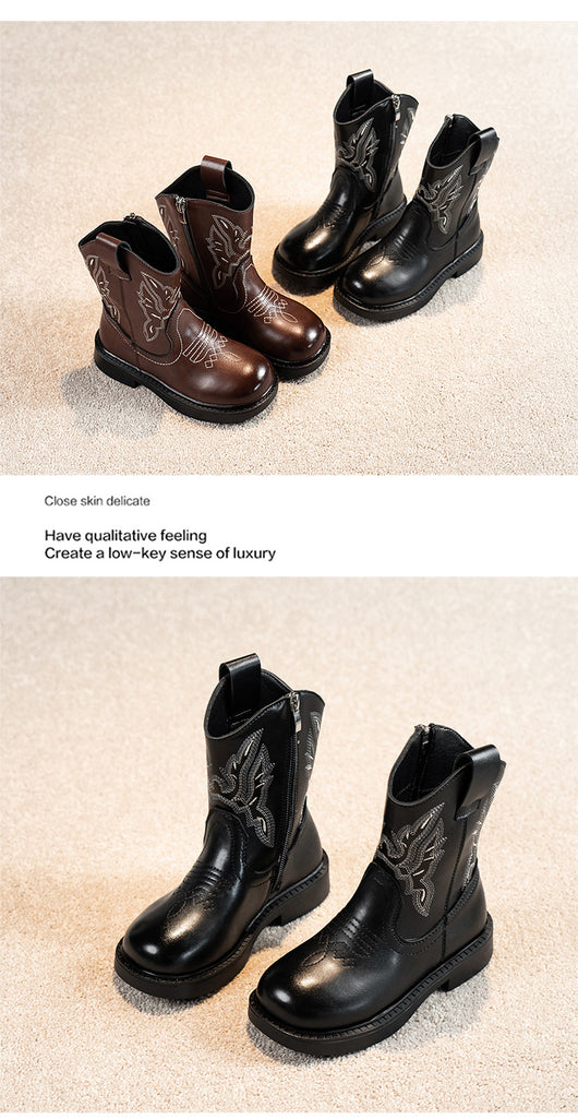 Girls' brown Martin boots with white ethnic embroidery, side zippers, and black soles, displayed on a light carpet. - Image 18