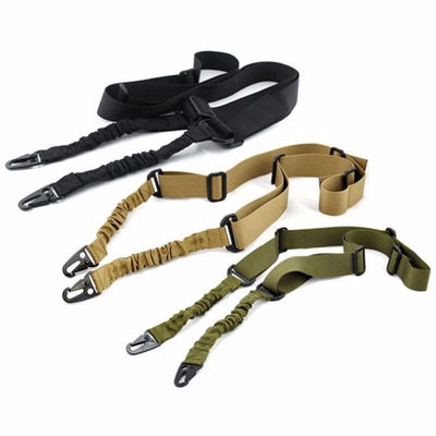 Black crossbody nylon strap with elastic sections, adjustable buckles, and two metal hooks for tension adjustment. - Image 16