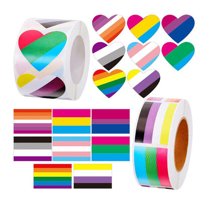 Roll of heart-shaped stickers featuring the Progress Pride flag design with rainbow and chevron stripes. - Image 11