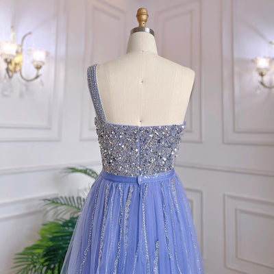 Vestido Fishtail Azul con Hombros Descubiertos y Cuentas Artesanales - Image 40