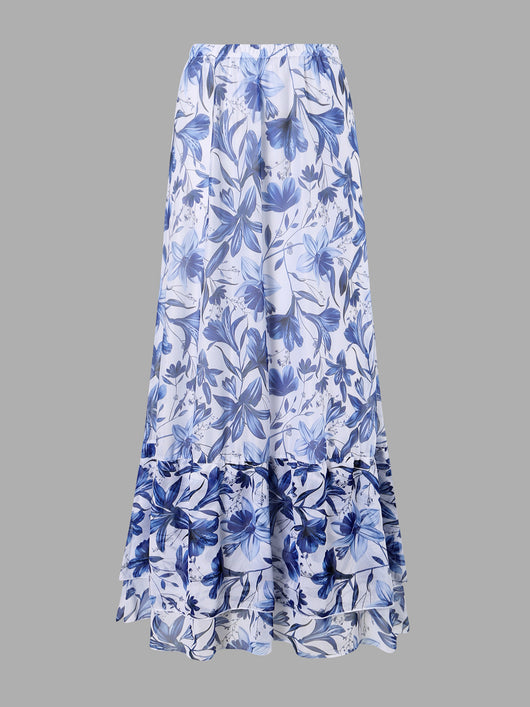 White and green floral print one-piece swimsuit with tie-shoulder straps and matching long chiffon skirt. - Image 16
