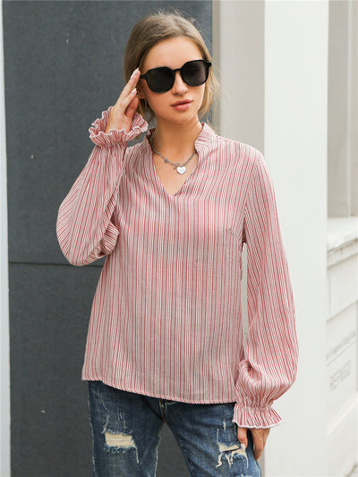 Blusa Rayada de Cuello V Suelta para Mujer - Diseño Original de Manga Larga - Image 8