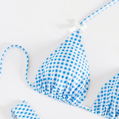 Red and white gingham print bikini swimsuit with a triangle halter top and high-cut bottom, featuring small white bows. - Image 20
