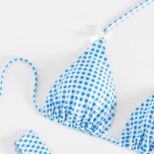 Red and white gingham print bikini swimsuit with a triangle halter top and high-cut bottom, featuring small white bows. - Image 20