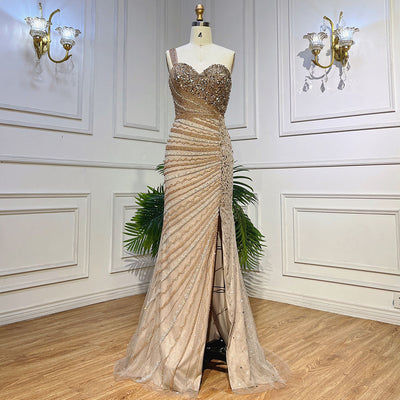 Vestido Fishtail Azul con Hombros Descubiertos y Cuentas Artesanales - Image 28
