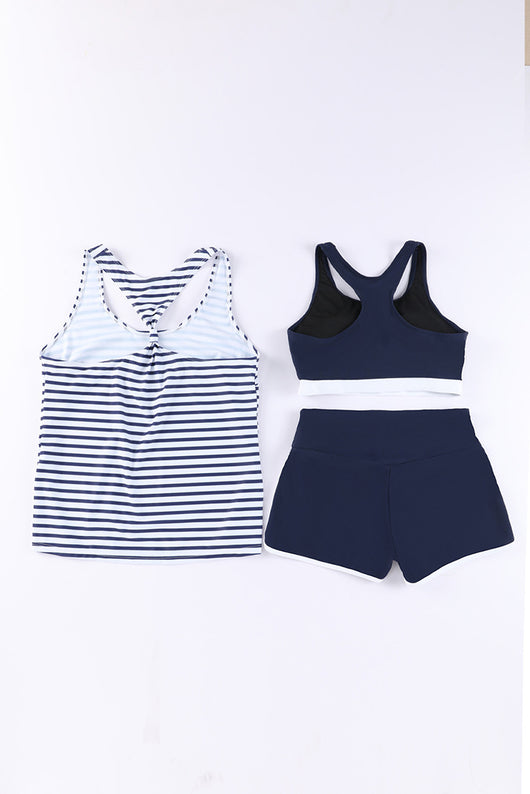 Women's navy blue three-piece high elastic bikini suit with racerback tankini top and swim shorts with white trim. - Image 41