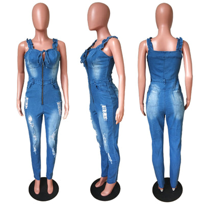 Mono Denim Blanco Ajustado con Encaje Plisado y Detalles Rotos para Mujer - Image 34