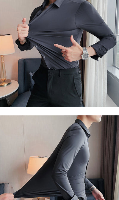 Camisa Ejecutiva Coreana Slim Fit de Punto Elástico para Hombre - Image 8