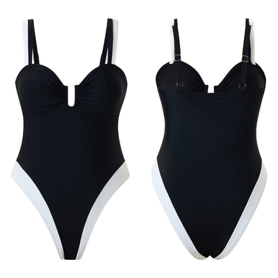White one-piece women's swimsuit with black side panels and straps, featuring a ruched bust and U-shaped detail. - Image 12