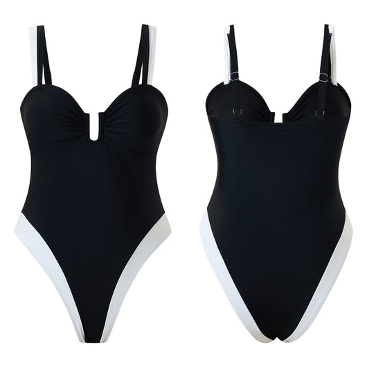 White one-piece women's swimsuit with black side panels and straps, featuring a ruched bust and U-shaped detail. - Image 12