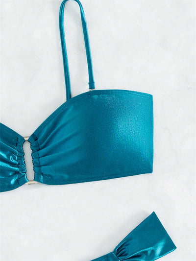 Solid black glossy two-piece bikini with a bandeau top featuring a ruched front and U-shaped detail, and high-cut ruched bottoms. - Image 19