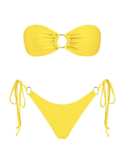 Red glitter bandeau bikini with gold-tone O-rings and side-tie bottoms on a model in a sunny outdoor setting. - Image 57