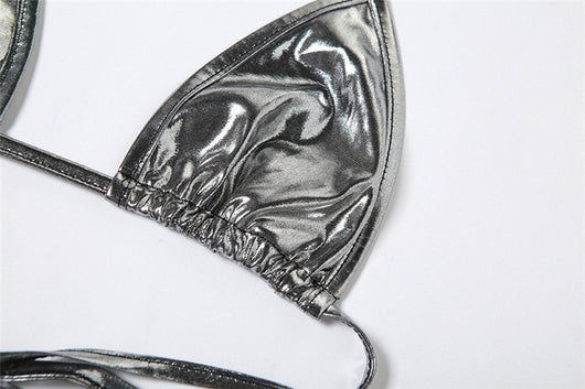 Purple reflective two-piece bikini with a halter neck top and tie-side bottoms, featuring a shiny solid color fabric. - Image 27