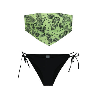 Lime green bandana print bandeau bikini top with black low-rise tie-side bottoms on a woman by a pool. - Image 28