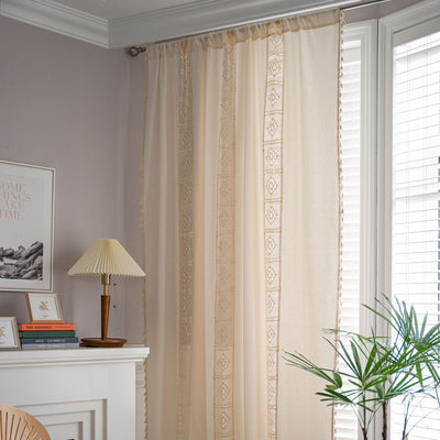 Beige crochet and plaid stitching short curtain with tassels, made from polyester cotton, hanging in a cozy room. - Image 17