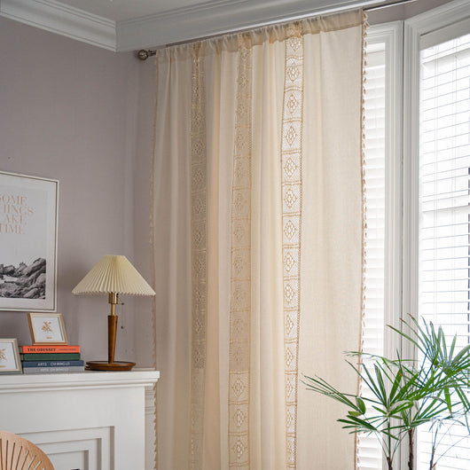 Beige crochet and plaid stitching short curtain with tassels, made from polyester cotton, hanging in a cozy room. - Image 17