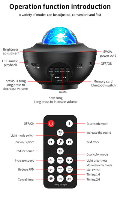 Lámpara Proyector Cielo Estrellado con Ondas de Agua, Bluetooth y Luz Láser Atmosférica - Image 11