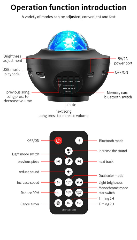 Lámpara Proyector Cielo Estrellado con Ondas de Agua, Bluetooth y Luz Láser Atmosférica - Image 11