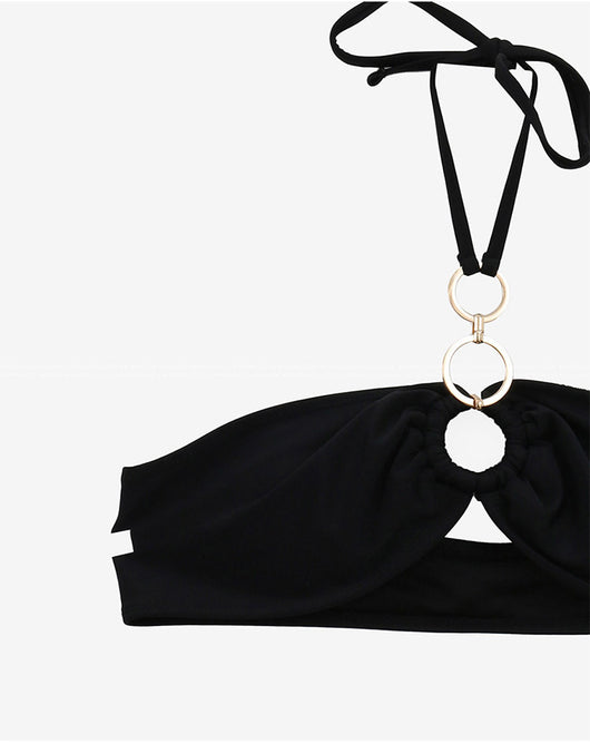 Black pure color bikini with a strapless tie-front bandeau top and matching T-back thong bottoms. - Image 37