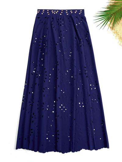 Navy blue women's one-piece swimsuit and matching midi skirt set with laser-cut floral patterns and scalloped edges. - Image 19