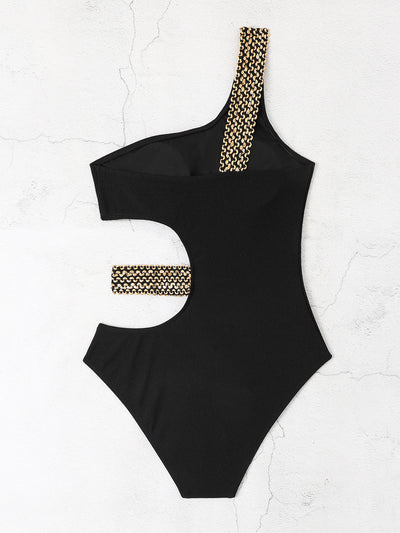 Black one-shoulder one-piece swimsuit with side cut-outs and gold chain-link detailing on strap and waist. - Image 13