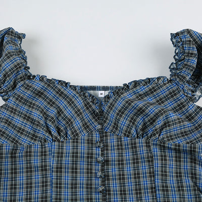 Camisa Cuadriculada Retro Francesa con Cuello Cuadrado Antiedad para Mujer - Image 32
