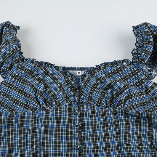 Camisa Cuadriculada Retro Francesa con Cuello Cuadrado Antiedad para Mujer - Image 32
