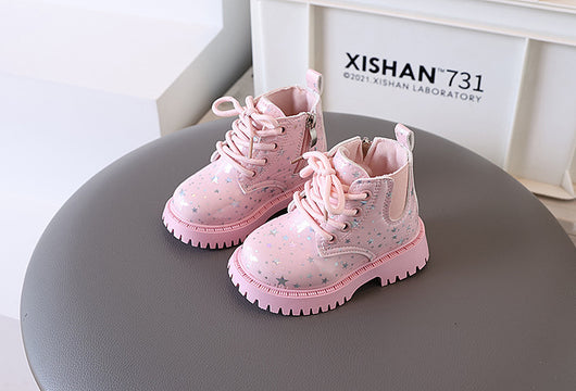 White toddler girls' boots with a holographic star pattern, lace-up front, and side zipper closure. - Image 15