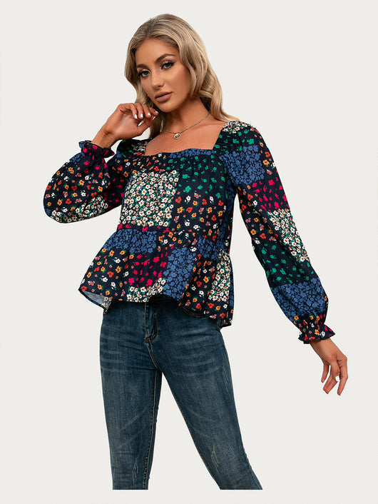Blusa Casual con Cuello Cuadrado, Mangas Volantes y Flores Pequeñas - Image 14