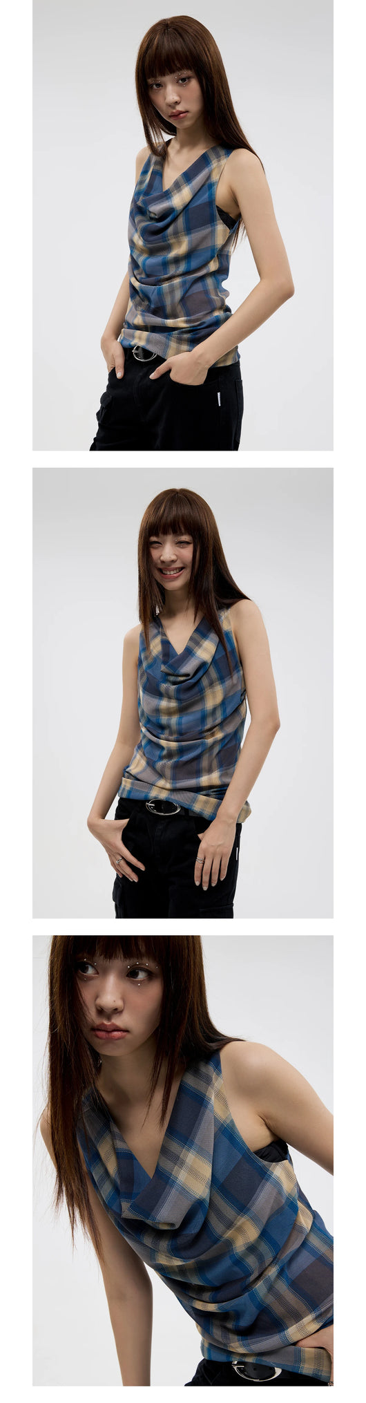 Blusa Tirantes Cuadros Vintage con Pliegues y Cuello Envolvente - Image 22