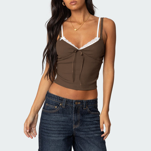 Blusa Elegante Lazo Contraste de Colores con Encaje Falsa Dos Piezas - Image 37