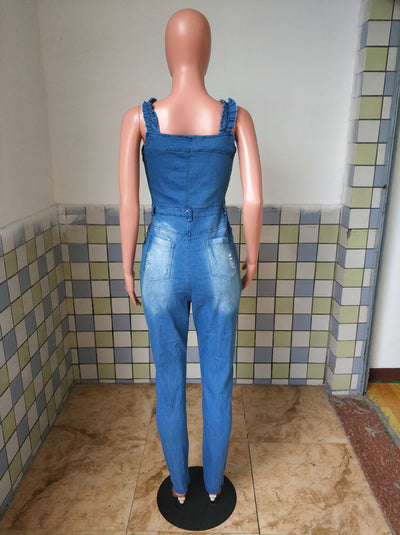 Mono Denim Blanco Ajustado con Encaje Plisado y Detalles Rotos para Mujer - Image 20