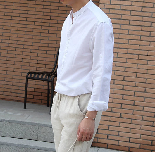 Camisa de Lino Retro con Cuello Mao para Hombre - Image 24