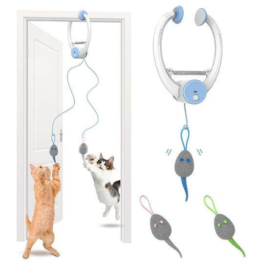 Automatic interactive cat toy with a white and blue door hanger, retractable string, and grey mouse lure. - Image 11