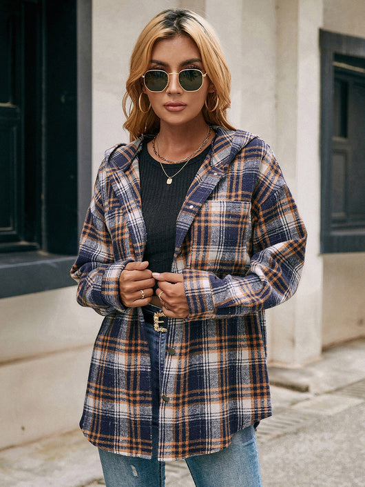 Chaqueta Abierta Casual de Cuadros con Capucha y Manga Larga - Image 10