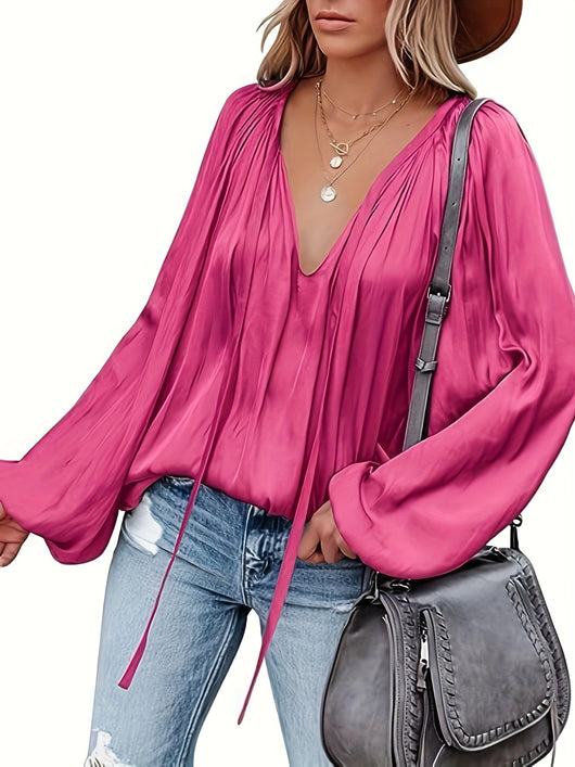 Blusa de Satén con Cuello en V y Mangas Largas para Mujer - Image 34