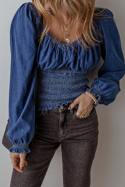 Blusa Denim con Escote en V y Mangas Largas para Mujer - Image 13
