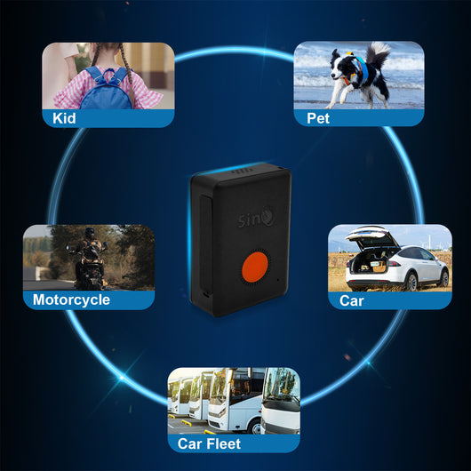 Sinotrack GPS tracker kit with black device, orange button, white charging cable, lanyard, pouch, and box. - Image 19