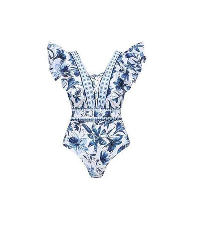 Women's blue and white floral one-piece swimsuit with ruffled V-neck and matching sarong skirt with bow. - Image 32