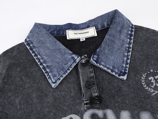 Playera Denim Lavada con Estampado de Letras y Contraste de Colores - Image 14