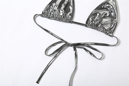 Purple reflective two-piece bikini with a halter neck top and tie-side bottoms, featuring a shiny solid color fabric. - Image 25